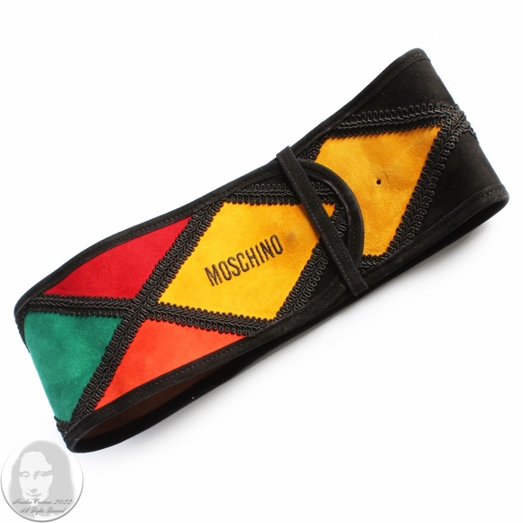 Moschino Wide Belt Suede Leather Harlequin Style Multicolor Rare Vintage 80s main image 8